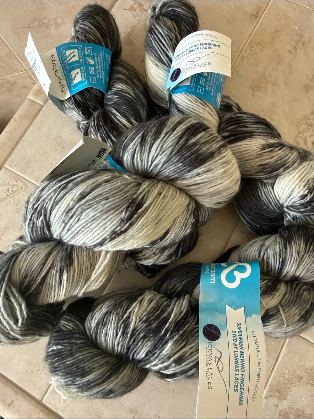 Lorna's Laces Superwash Merino Fingering Yarn - Black, Gray & Cream - 4 skeins